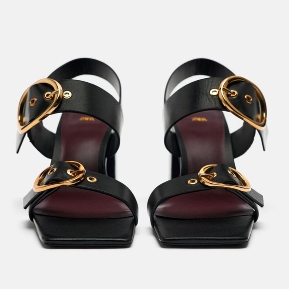 NWT. Zara Black Leather Block Heel Buckled Sandals. Size 9. - Picture 3 of 11